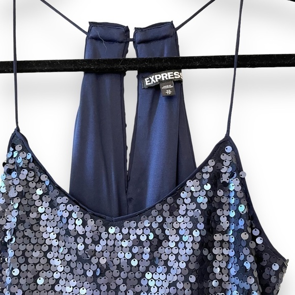Express Party Dress Womens Size XS Navy Blue Sequin Strappy Mini V Neck Fetsival - Picture 5 of 8